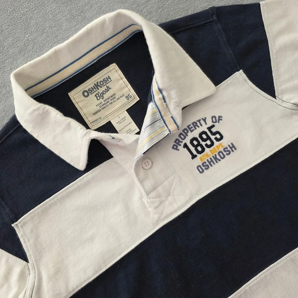 OshKosh Bgosh Boys Navy Blue White Striped Rugby Polo Shirt Size 6 Short Sleeve